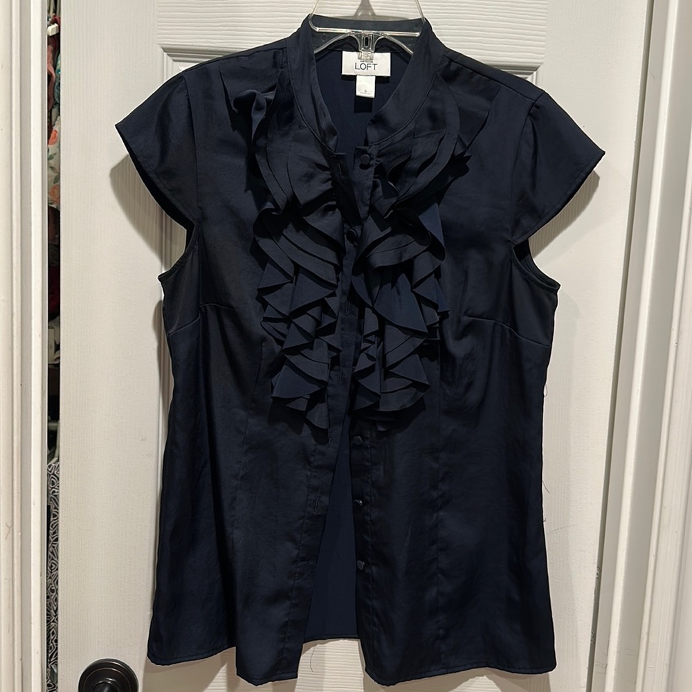 Navy Blue Ruffle Loft Blouse Women’s Small